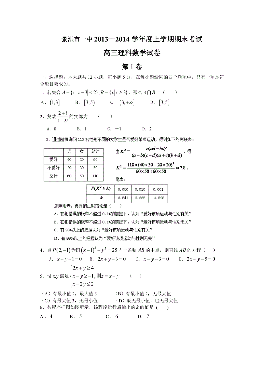 云南省景洪市第一中学2014届高三上学期期末考试 数学（理） WORD版含答案.doc_第1页