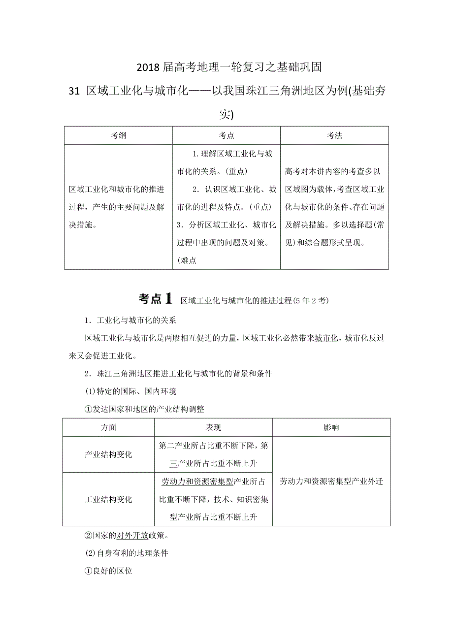 《首发》山东省东营市重点中学2018届高考地理一轮复习之基础巩固(基础夯实)：31 区域工业化与城市化——以我国珠江三角洲地区为例 WORD版含解析.doc_第1页