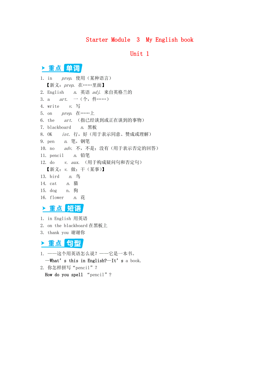 七年级英语上册 Starter Module 3 Unit 1 What's this in English辅教资料 （新版）外研版.doc_第1页