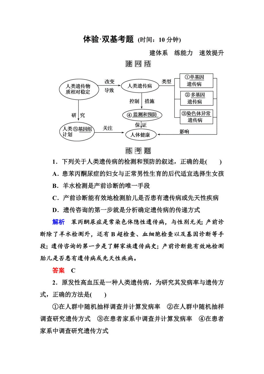 《名师一号》2015届高考生物（人教版通用）总复习体验双基考题：第22讲　人类遗传病.doc_第1页