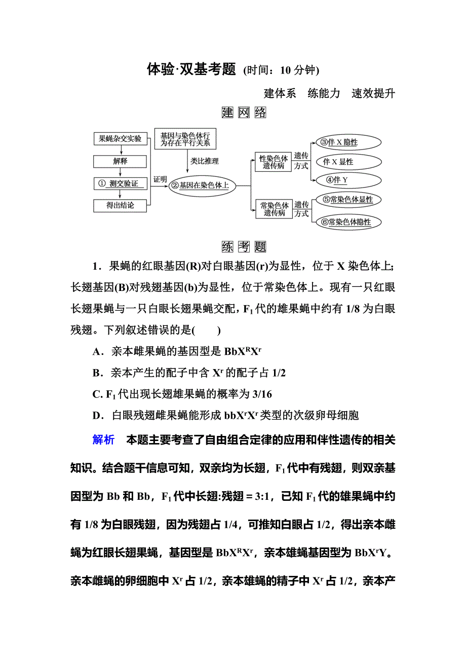 《名师一号》2015届高考生物（人教版通用）总复习体验双基考题：第17讲　基因在染色体上和伴性遗传.doc_第1页