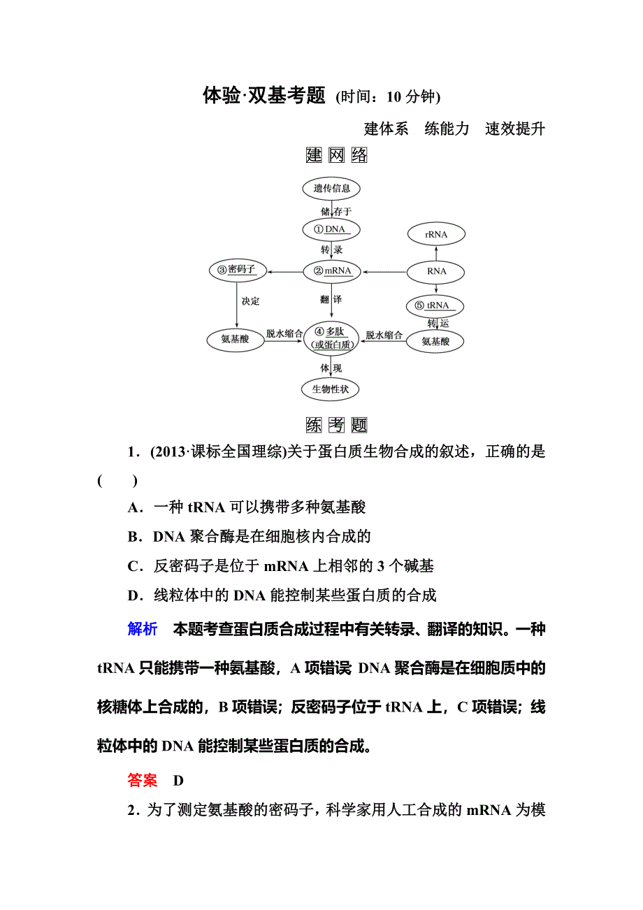 《名师一号》2015届高考生物（人教版通用）总复习体验双基考题：第20讲　基因指导蛋白质的合成与基因对性状的控制.doc_第1页