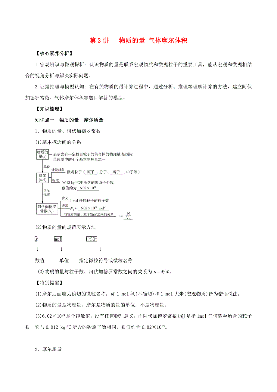 2020-2021学年高考化学一轮复习 第3讲 物质的量 气体摩尔体积知识点讲解（含解析）.docx_第1页