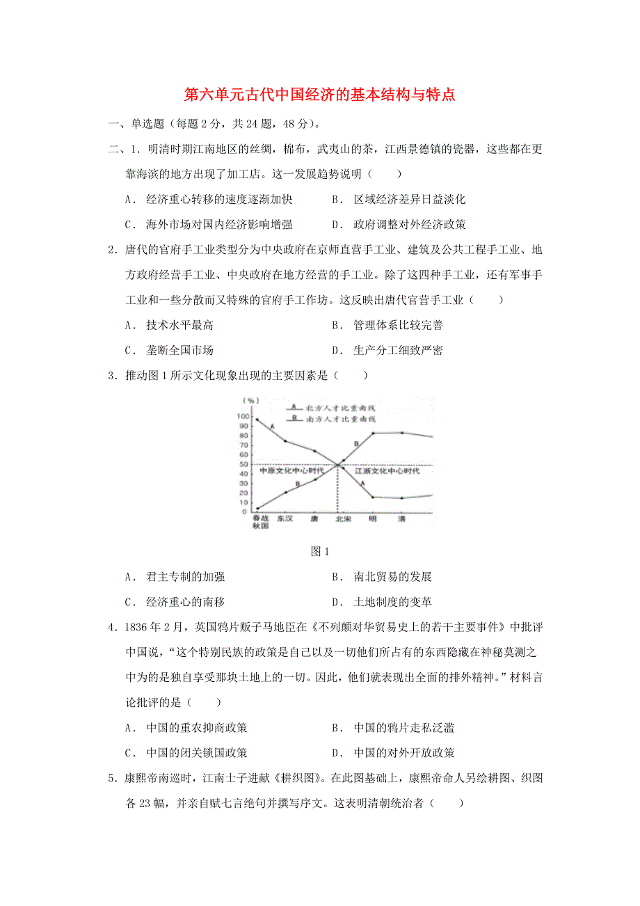 2020-2021学年高考历史一轮复习 第六单元 古代中国经济的基本结构与特点检测卷（含解析）.docx_第1页