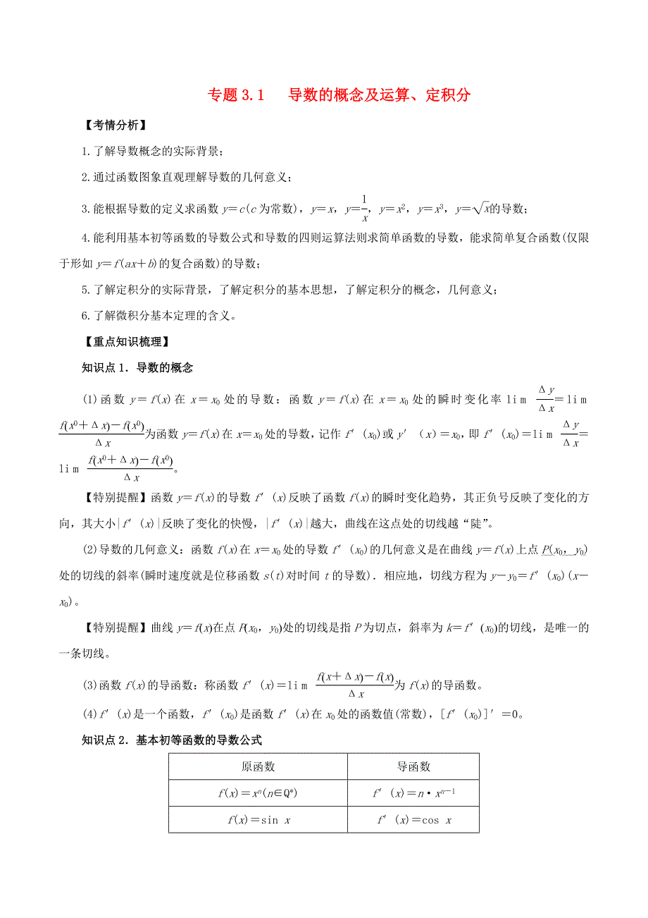 2020-2021学年高考数学一轮复习 专题3.1 导数的概念及运算、定积分知识点讲解（文科版含解析）.docx_第1页