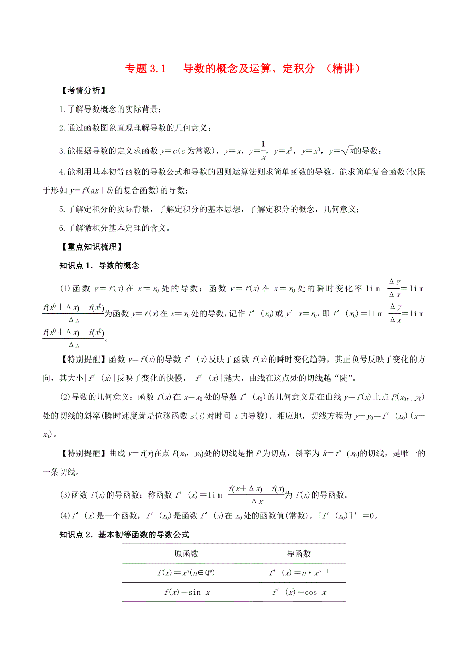 2020-2021学年高考数学一轮复习 专题3.1 导数的概念及运算、定积分知识点讲解（理科版含解析）.docx_第1页