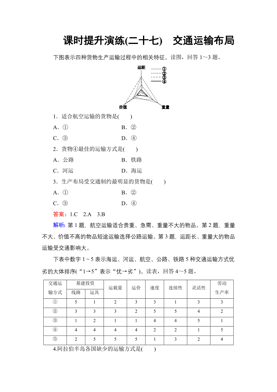 《名师伴你行》2015高考地理（湘教版）一轮提升训练27 交通运输布局.doc_第1页