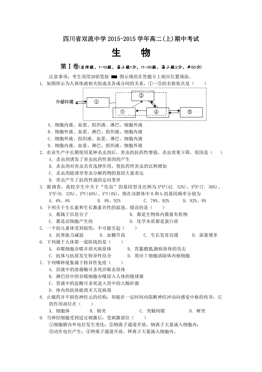 四川省双流中学2015-2016学年高二上学期期中考试生物试题 WORD版含答案.doc_第1页