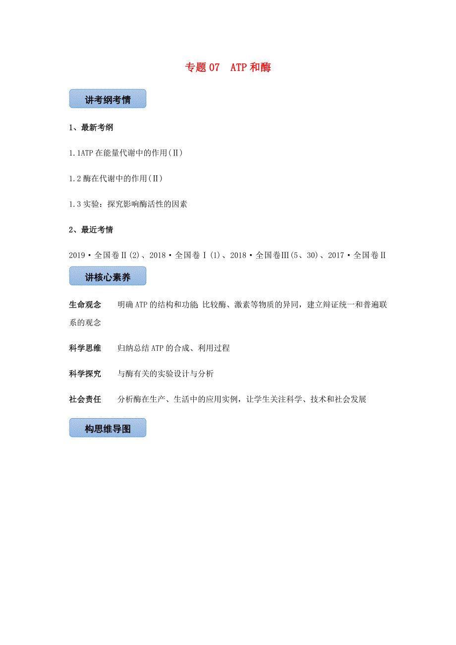 2020-2021学年高考生物一轮复习 专题07 ATP和酶知识点讲解（含解析）.docx_第1页