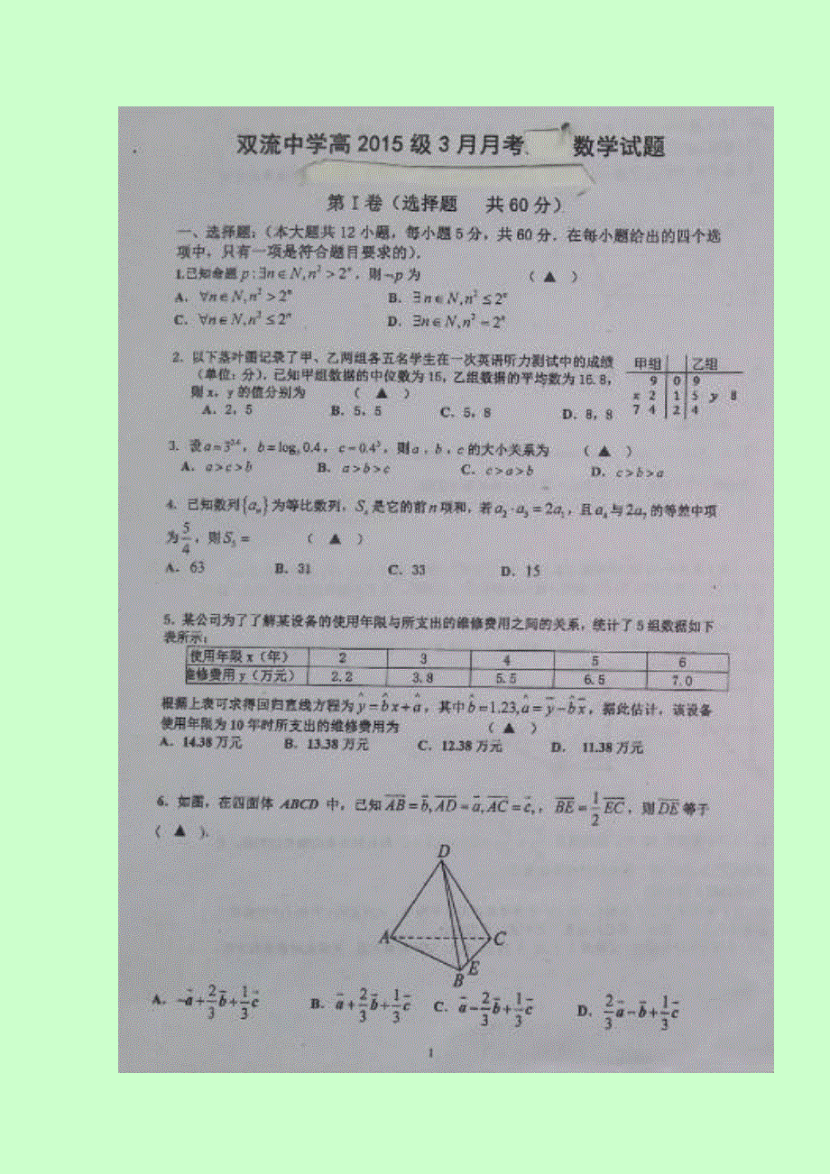 四川省双流中学2016-2017学年高二3月月考数学（理）试题 扫描版含答案.doc_第1页