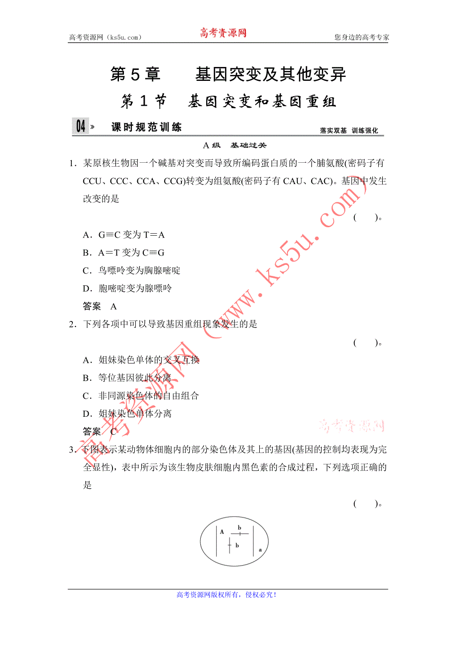 《创新设计》2014-2015学年高一生物人教版必修2课时规范训练：5-1 基因突变和基因重组 WORD版含解析.doc_第1页