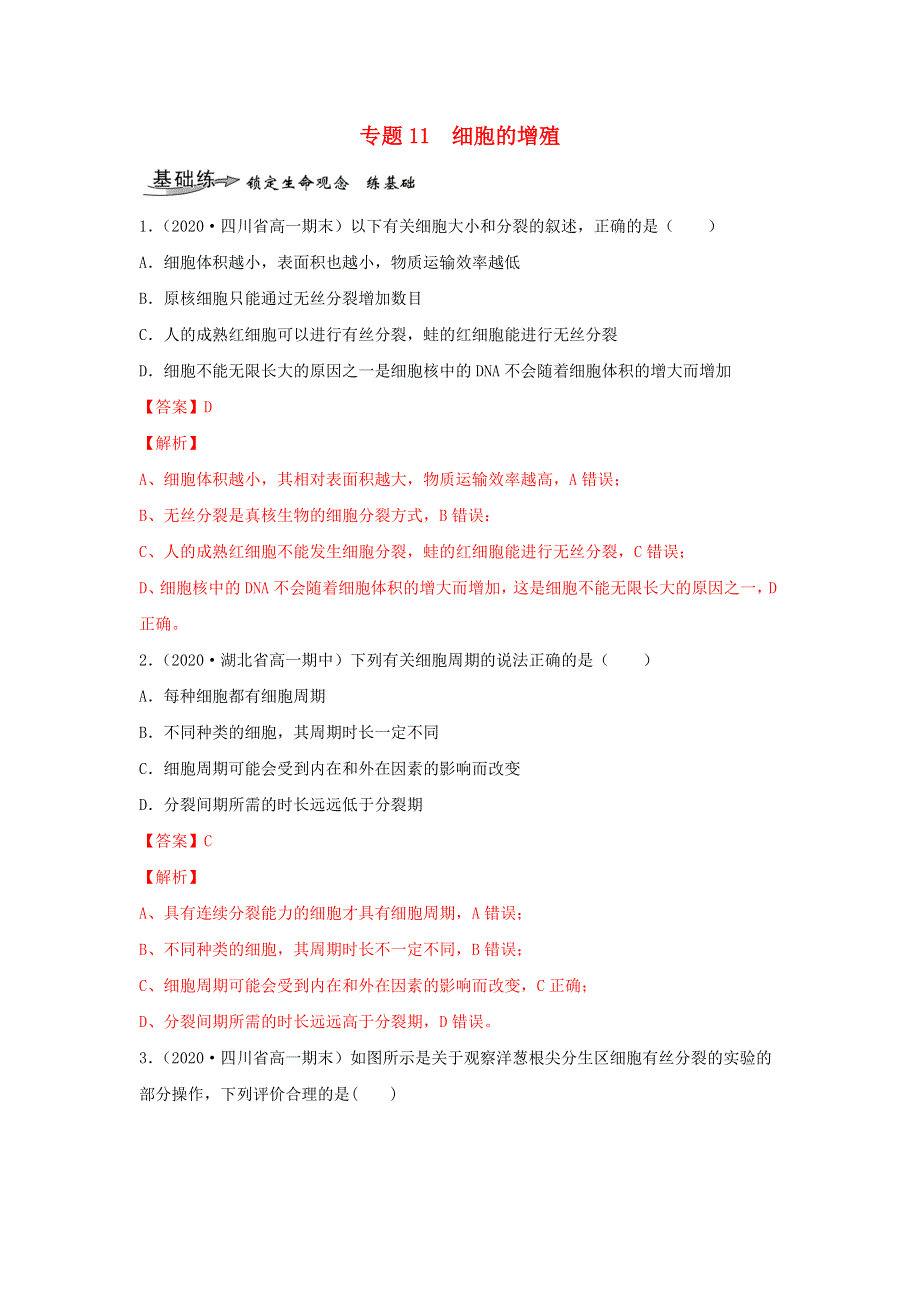 2020-2021学年高考生物一轮复习 专题11 细胞的增殖练习（含解析）.docx_第1页