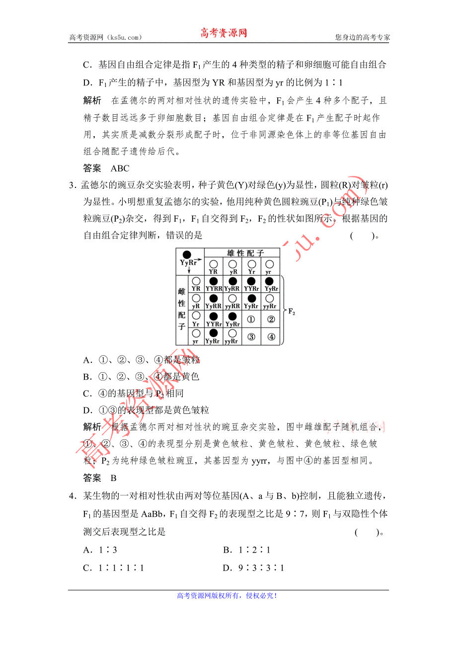 《创新设计》2014-2015学年高一生物苏教版必修2活页规范训练：3-2-1 基因的自由组合定律 WORD版含解析.doc_第2页