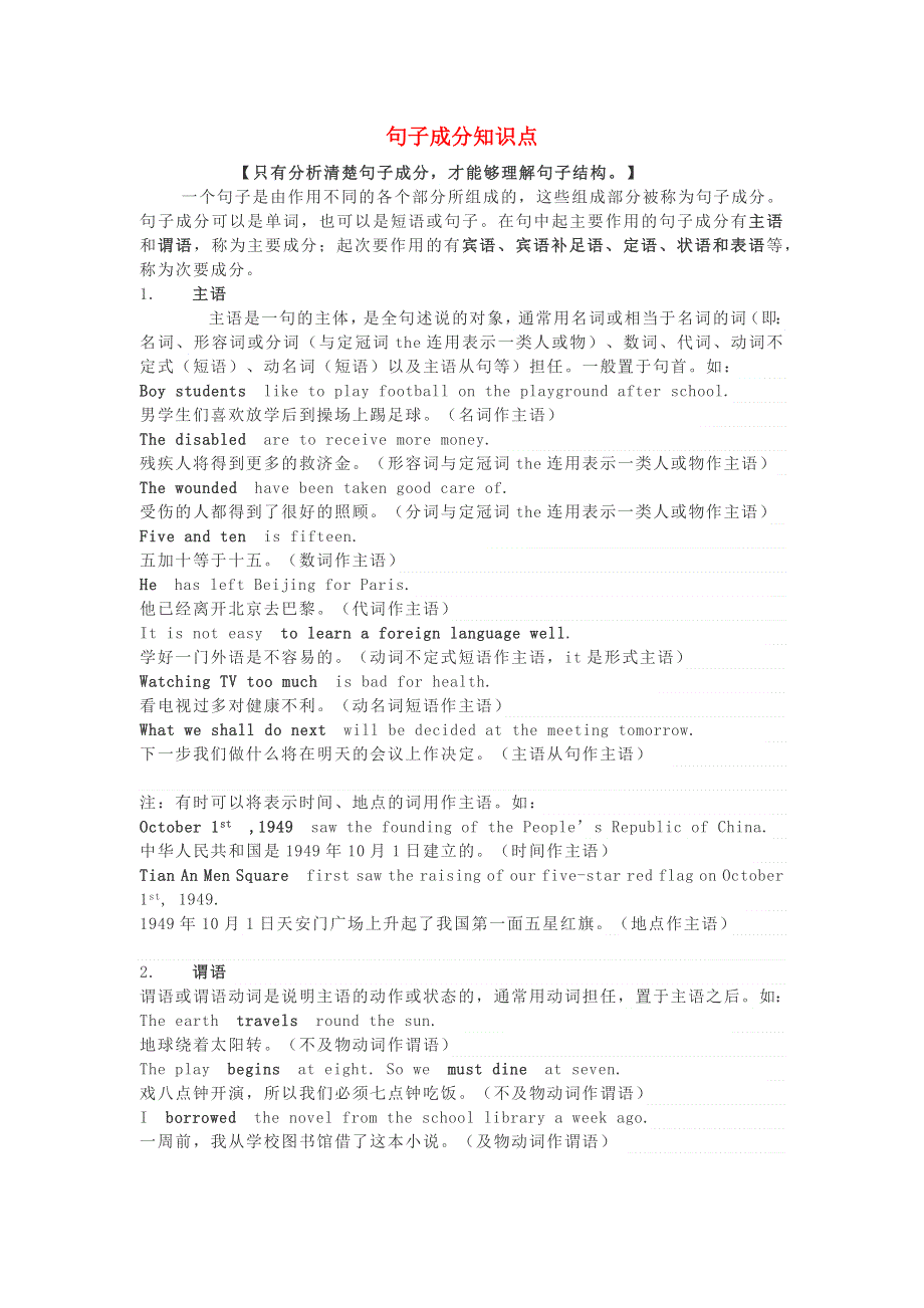 2020-2021学年高考英语语法核心考点复习 句子成分知识点.docx_第1页