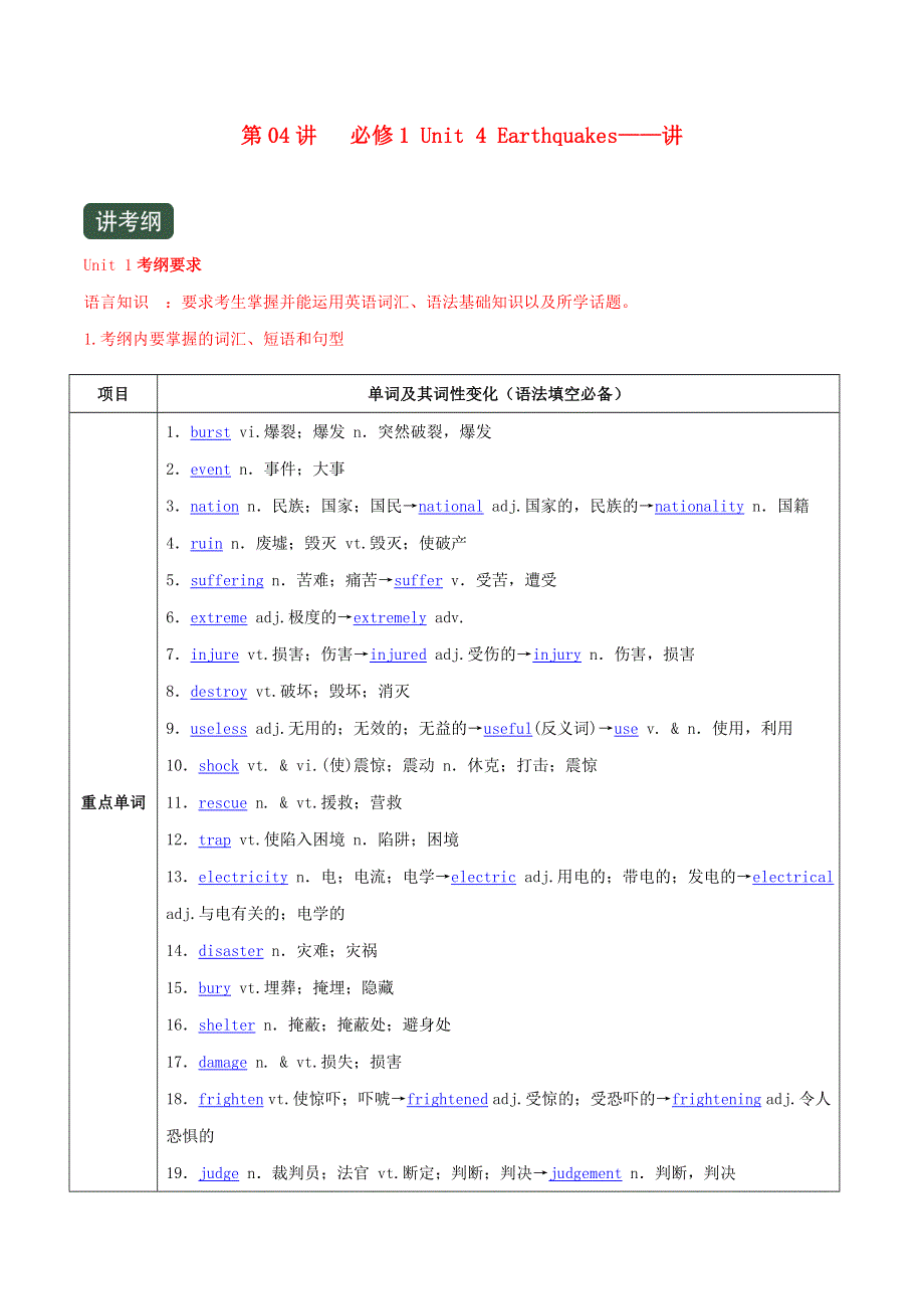 2020-2021学年高考英语一轮复习讲练测 第04讲 必修1 Unit 4 Earthquakes（讲）（含解析）.docx_第1页