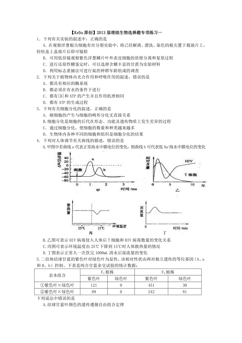 2013届理综生物选择题专项练习五.doc_第1页