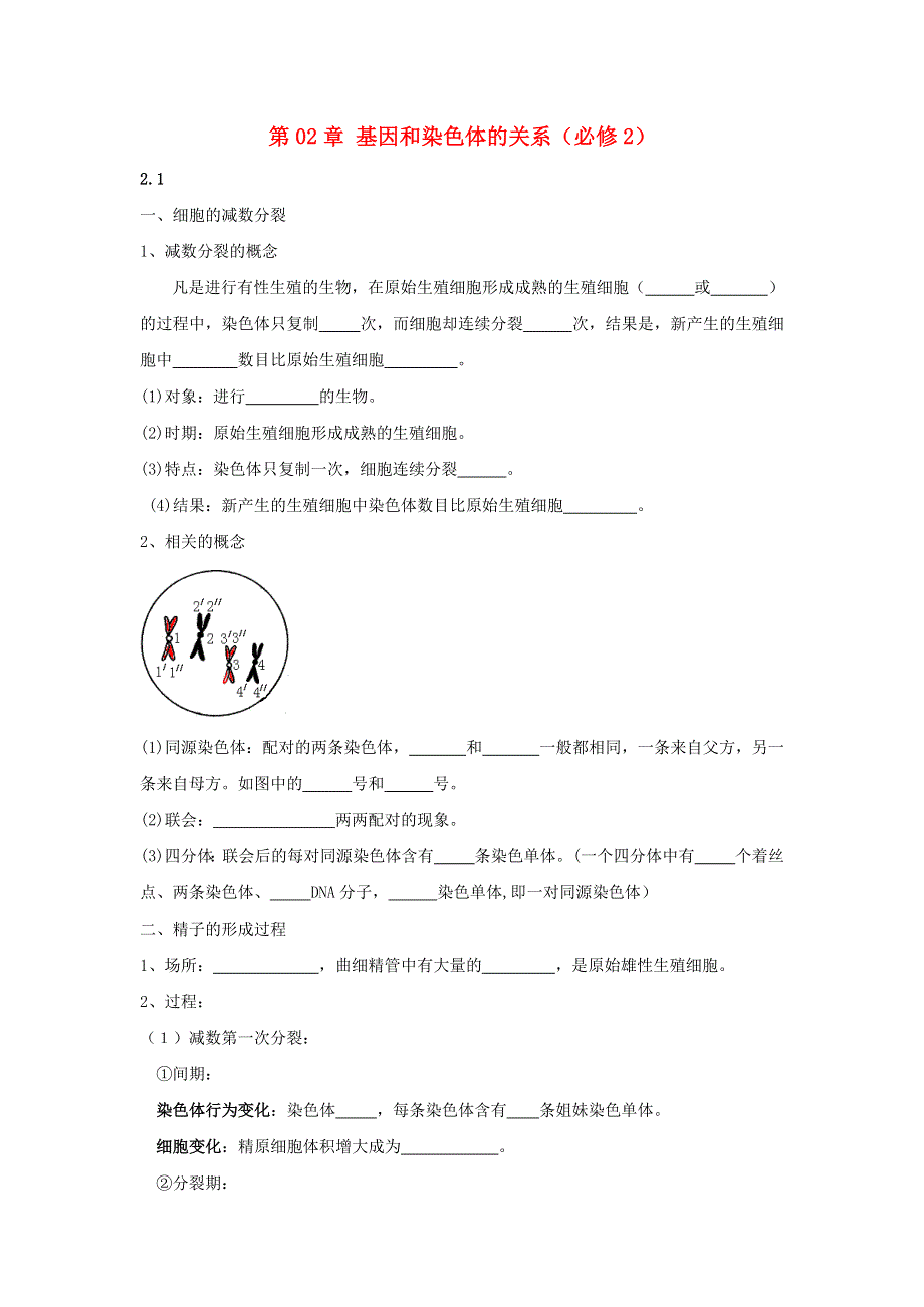 2020-2021年高考生物一轮复习 知识点练习 第02章 基因和染色体的关系（必修2）.docx_第1页