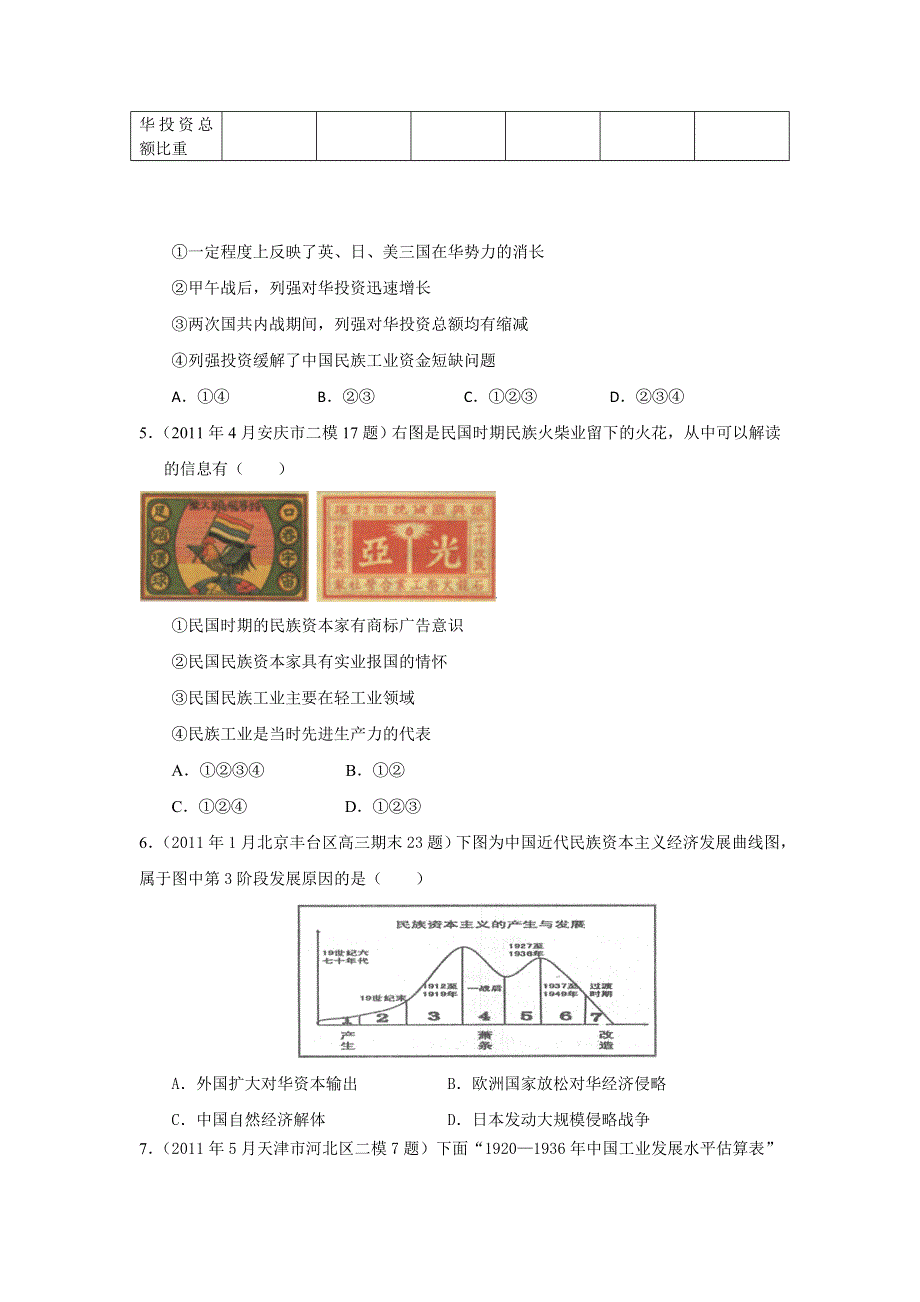 2011年全国各地高考模拟及高考真题分课汇编与解析：必修二专题二之2、民国时期民族工业的曲折发展.doc_第2页