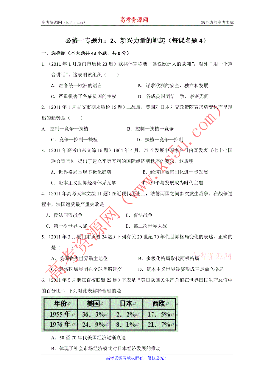 2011年全国各地高考模拟及高考真题汇编与解析：专题九新兴力量的崛起（必修Ⅰ）.doc_第1页