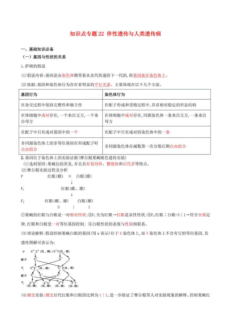 2020-2021年高考生物一轮复习 知识点（下）专题22 伴性遗传与人类遗传病（含解析）.docx_第1页