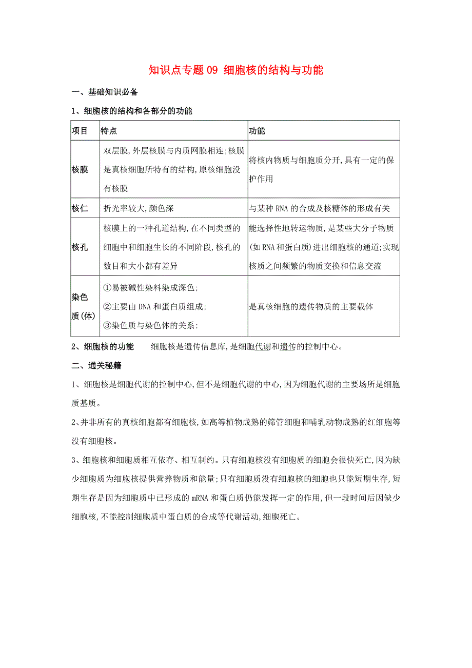 2020-2021年高考生物一轮复习 知识点（上）专题09 细胞核的结构与功能（含解析）.docx_第1页