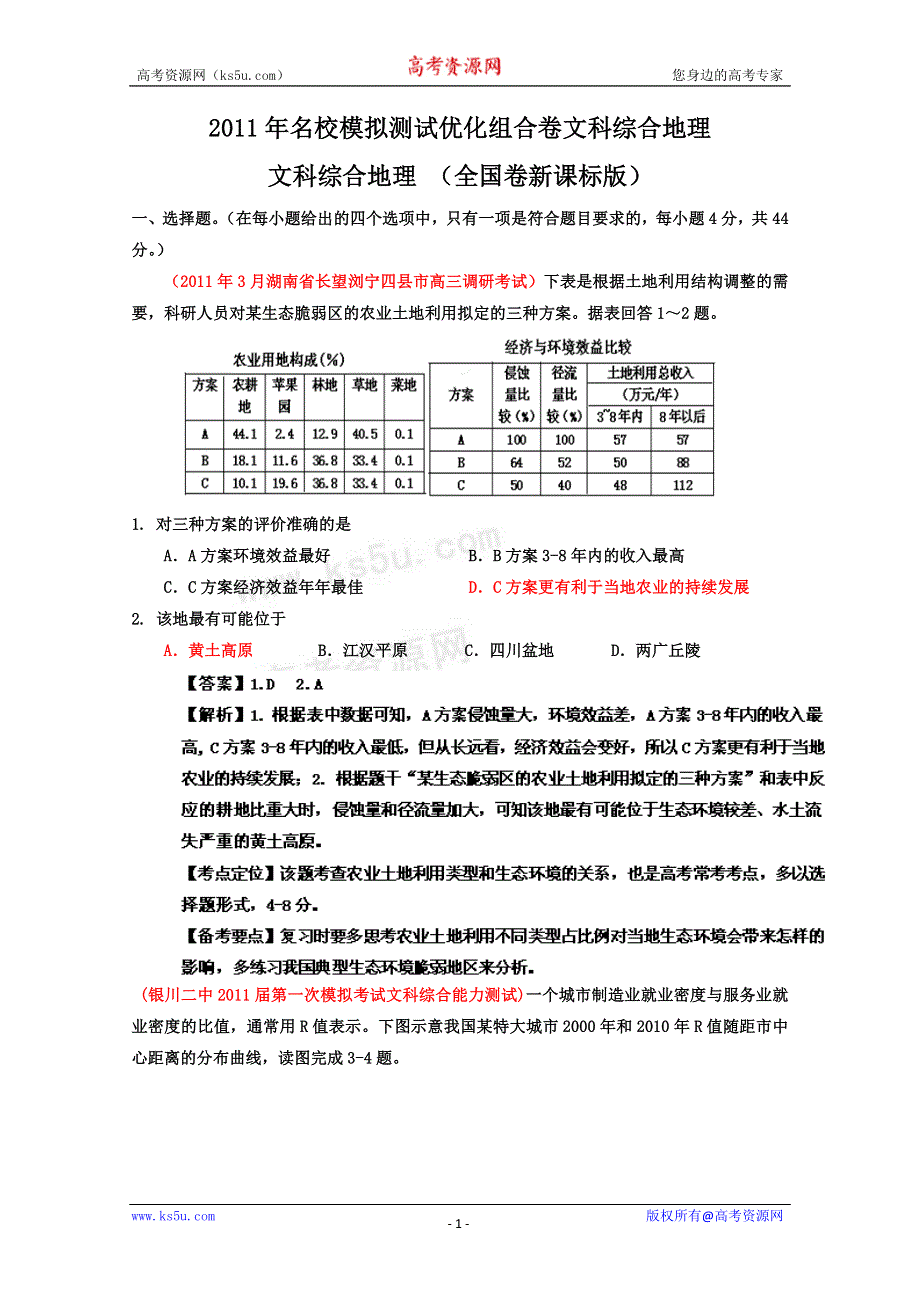 2011年名校模拟测试优化组合卷文科综合地理（全国卷新课标版）教师版.doc_第1页