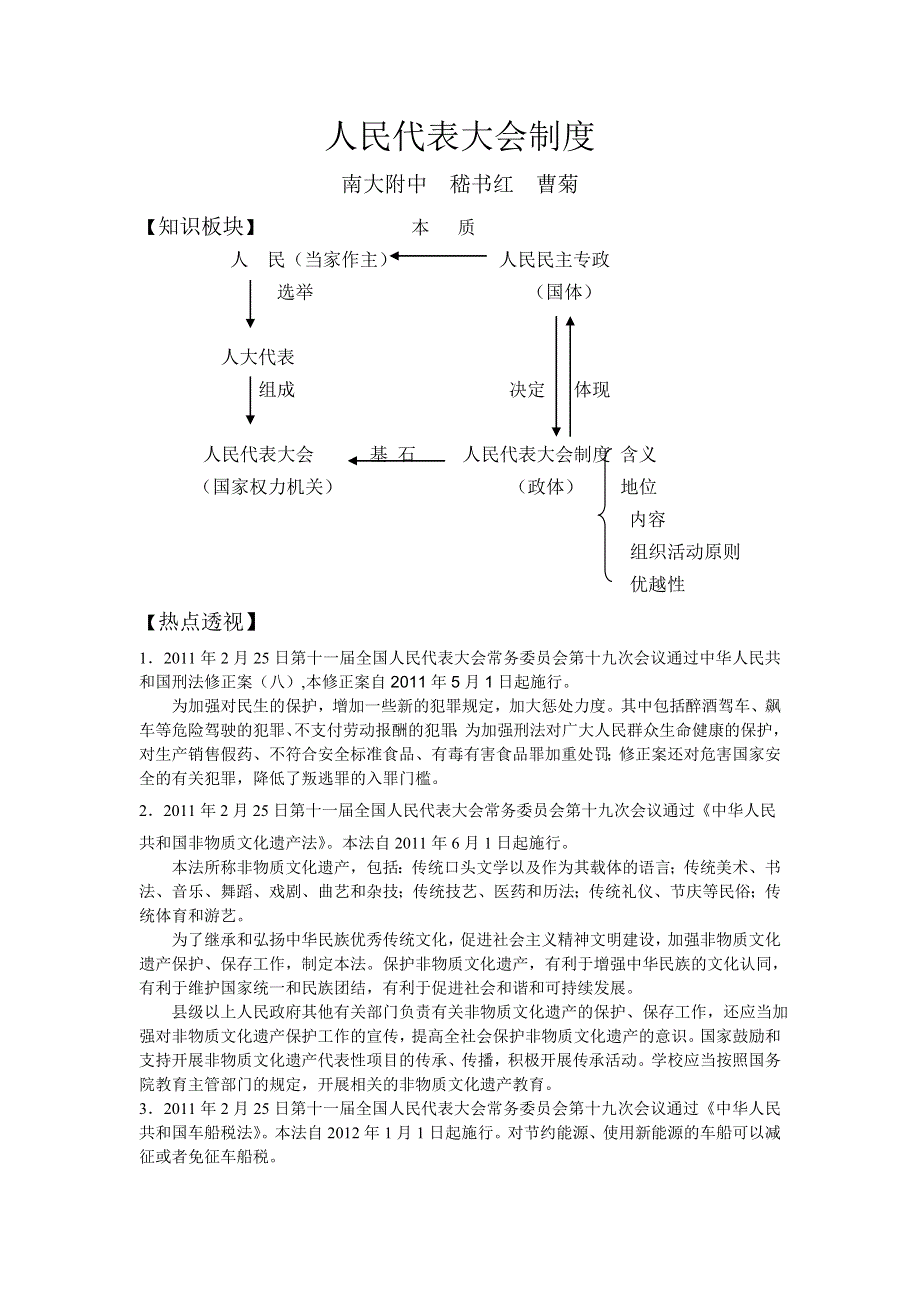 2011年南京市高三政治二轮知识专题复习：政治生活第三单元知识板块（人大制3）.doc_第1页