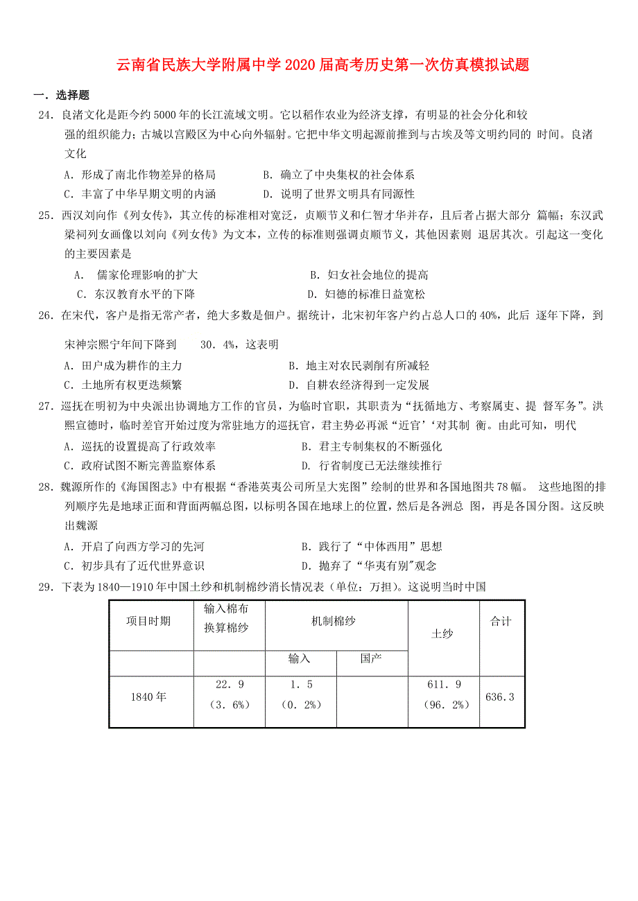 云南省民族大学附属中学2020届高考历史第一次仿真模拟试题.doc_第1页