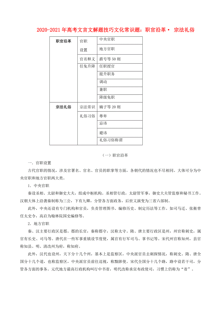 2020-2021年高考语文文言文解题技巧 文化常识题 职官沿革 宗法礼俗素材.docx_第1页