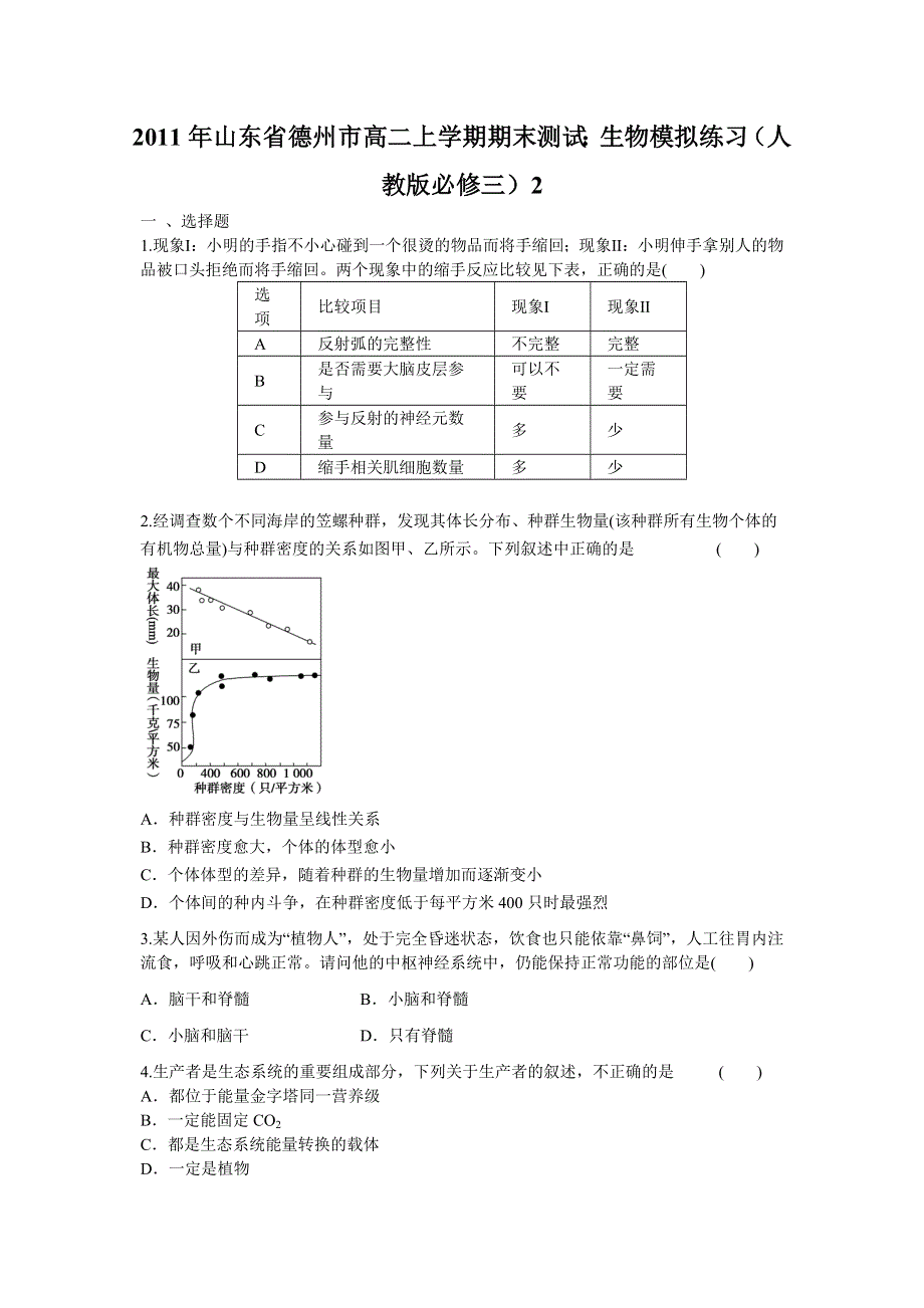 2011年山东省德州市高二上学期期末测试：生物模拟练习（人教版必修三）2.doc_第1页