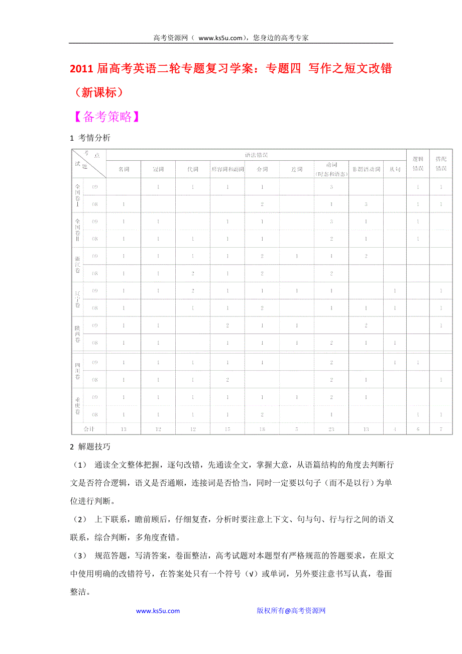 2011届高考英语二轮专题复习学案：专题四 写作之短文改错.doc_第1页