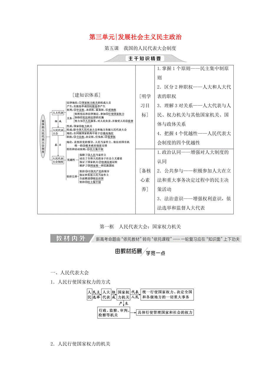 2020版高考政治新创新一轮复习必修二第三单元第五课我国的人民代表大会制度讲义 WORD版.doc_第1页