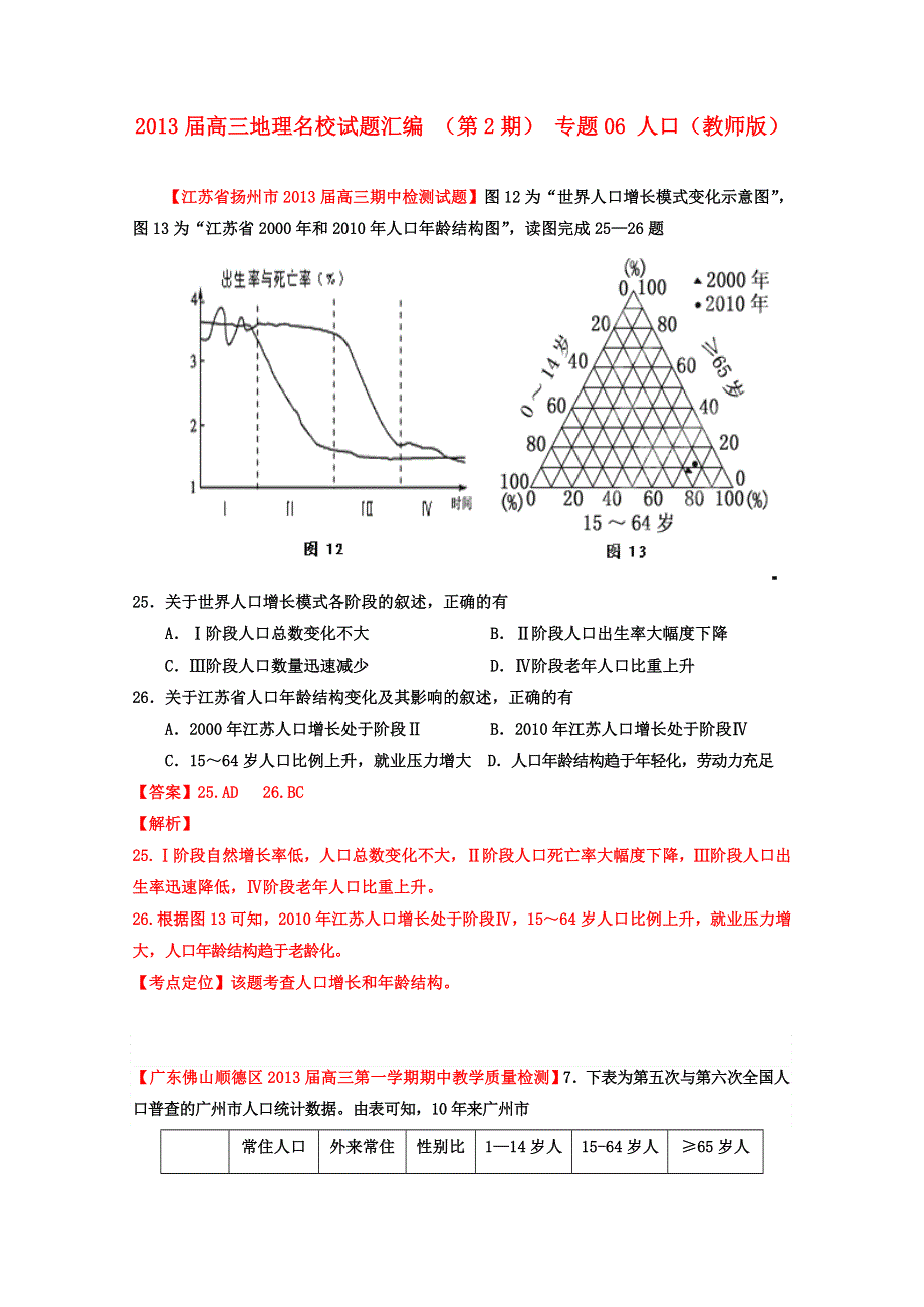 三地理名校试题汇编_(第2辑)_专题06_人口(教师版) WORD版含答案.doc_第1页