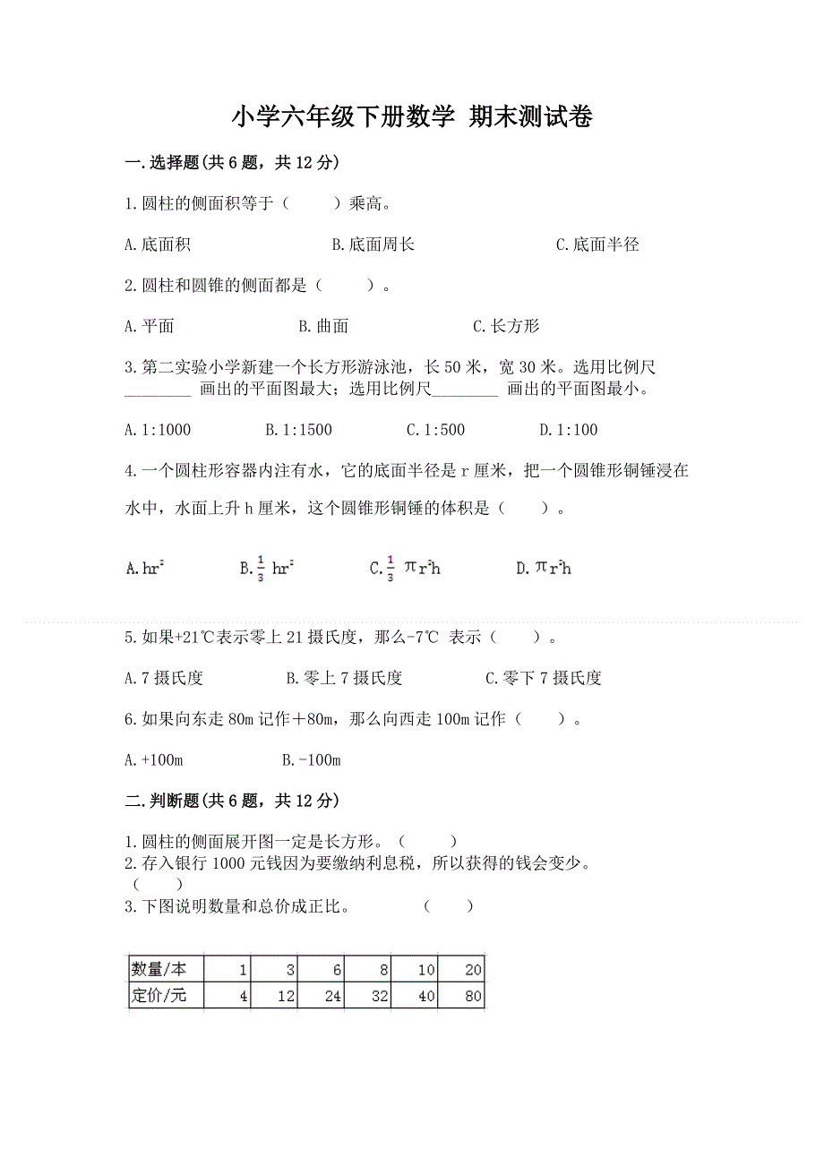 小学六年级下册数学 期末测试卷精品（预热题）.docx_第1页