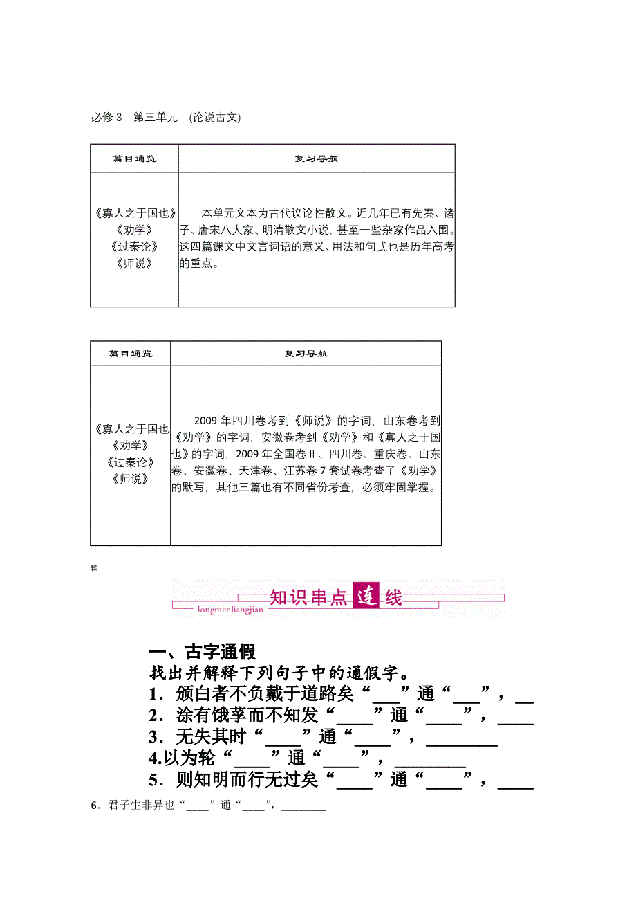 2011届高考语文文言文复习学案 必修三 论说古文.doc_第1页