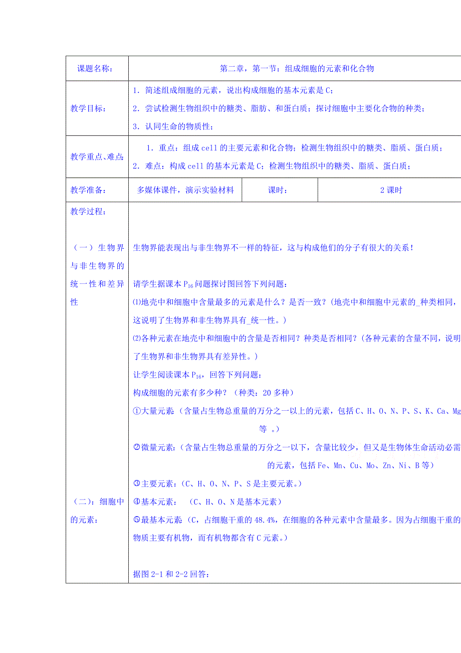 四川省古蔺县中学人教版高中生物必修一教案 《2-1 组成细胞的元素和化合物》.doc_第1页