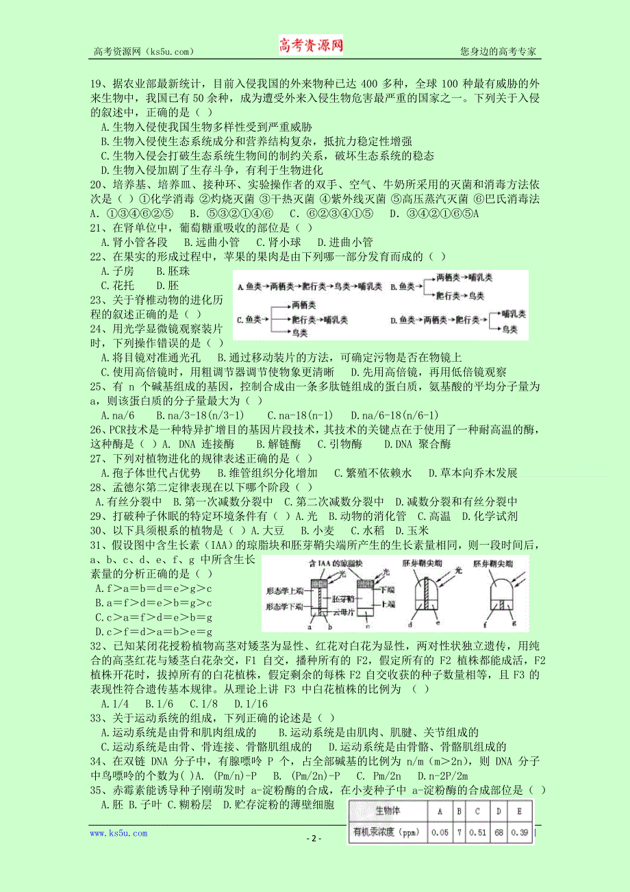 2011年贵州省中学生生物学竞赛考试试卷（初赛） WORD版含答案.doc_第2页