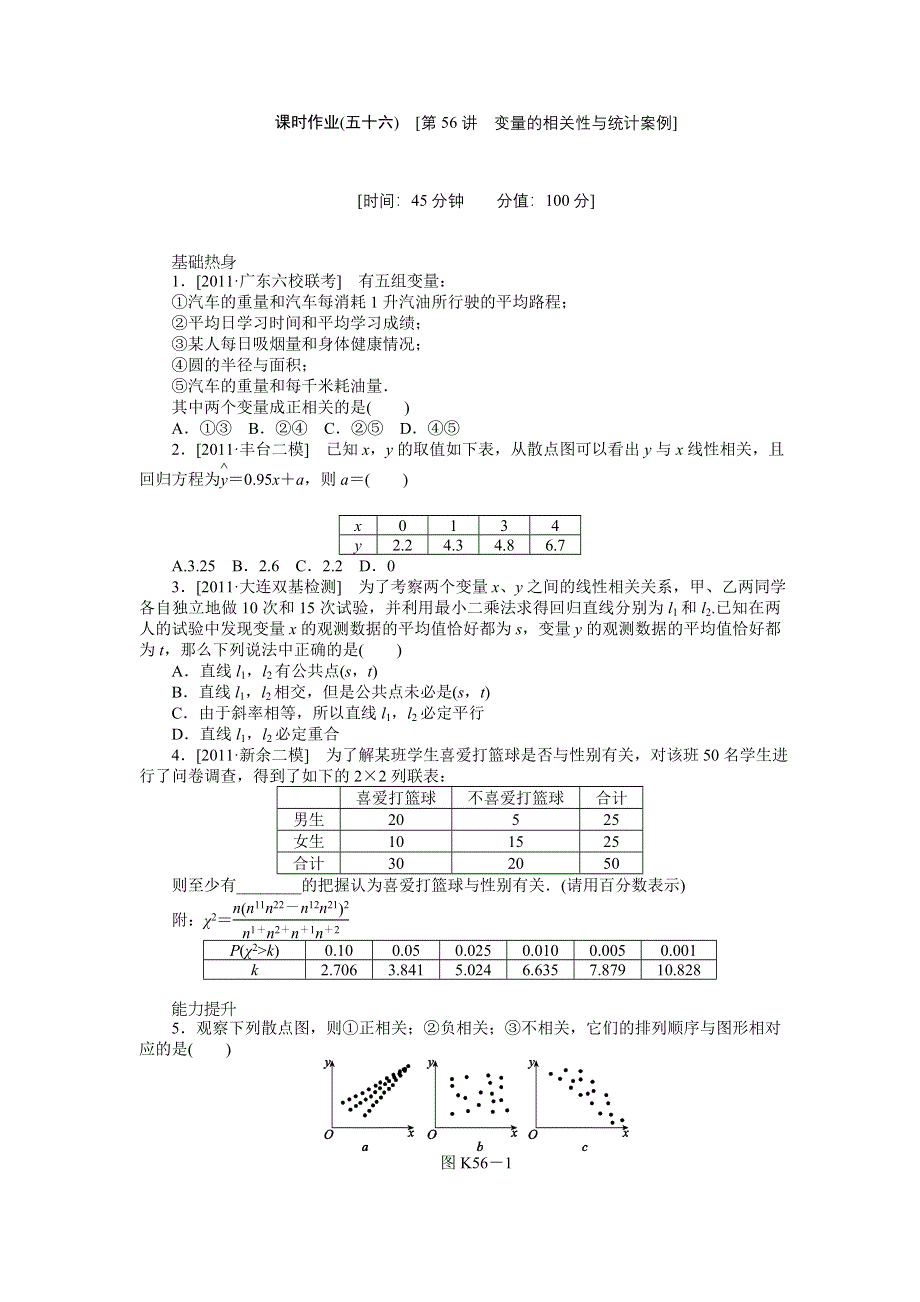 2013届高三人教B版理科数学一轮复习课时作业（56）变量的相关性与统计案例.doc_第1页