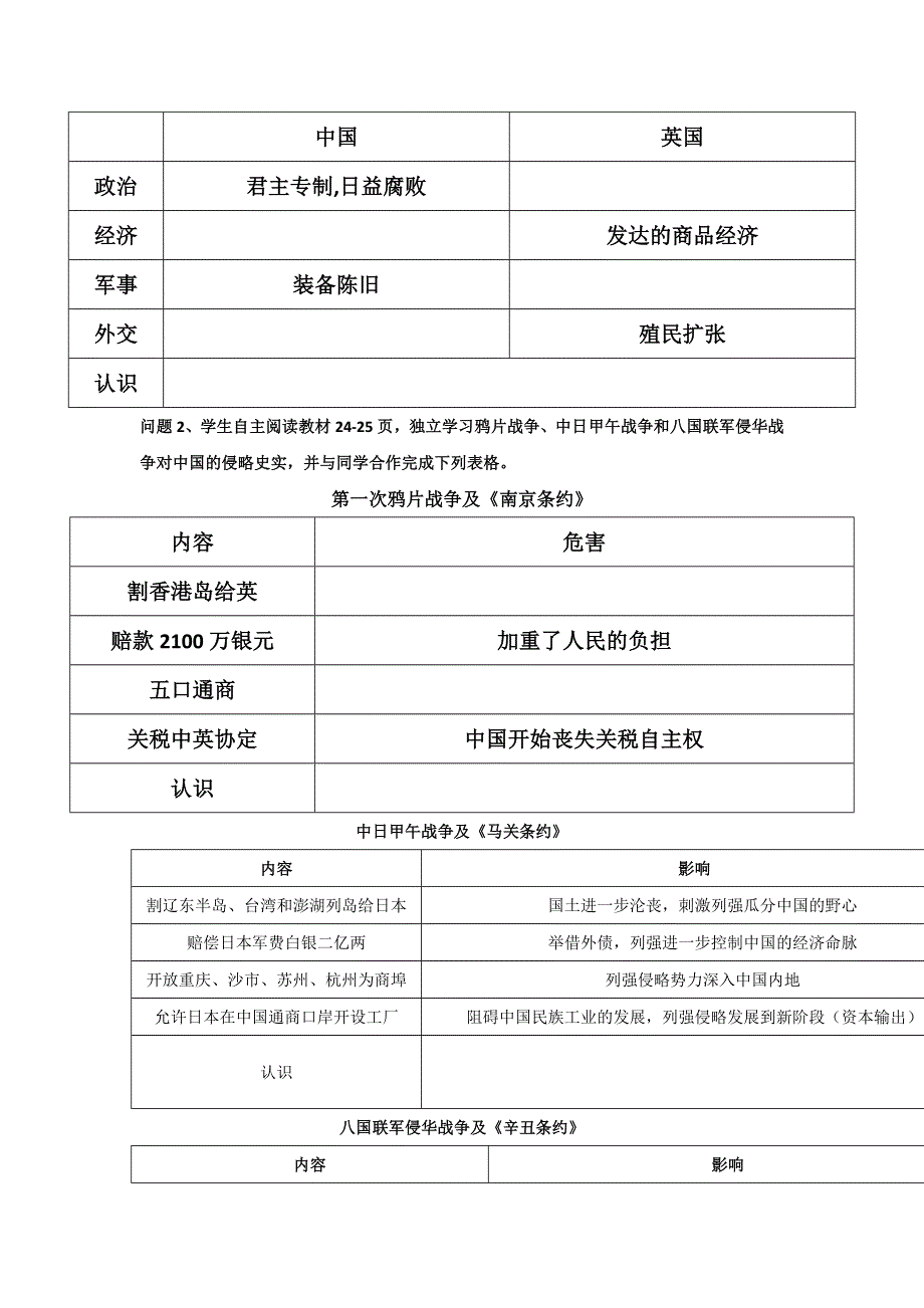 四川省大英县育才中学人民版高一历史必修一导学案：2.1 列强入侵与民族危机（教师） .doc_第2页