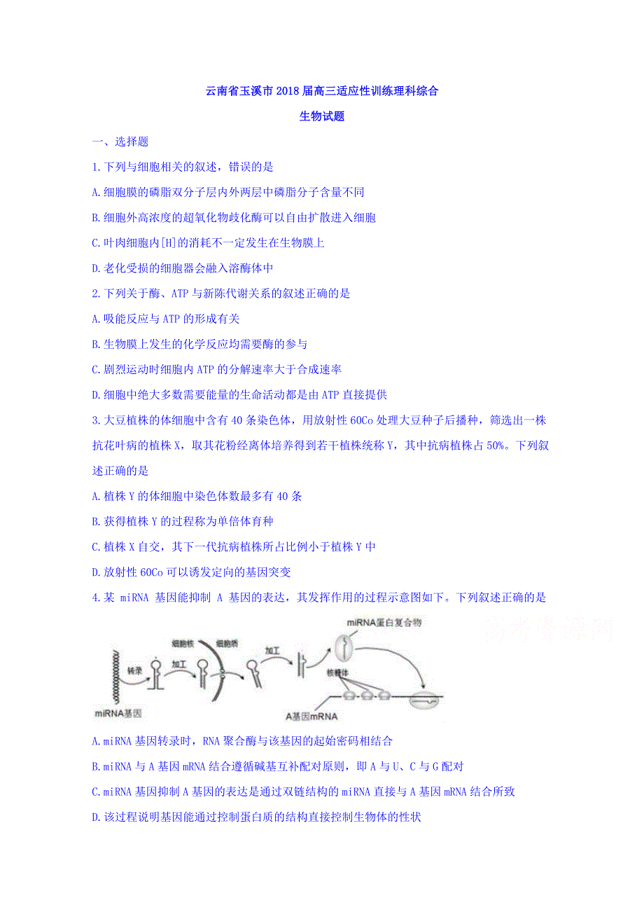 云南省玉溪市2018届高三适应性训练理科综合生物试题 WORD版含答案.doc_第1页