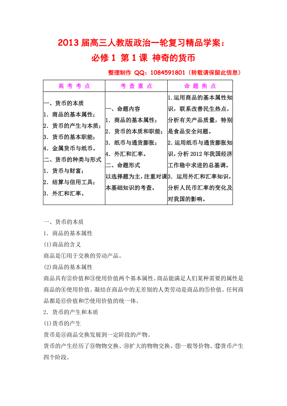 2013届高三人教版政治一轮复习精品学案：必修1 第1课 神奇的货币.doc_第1页