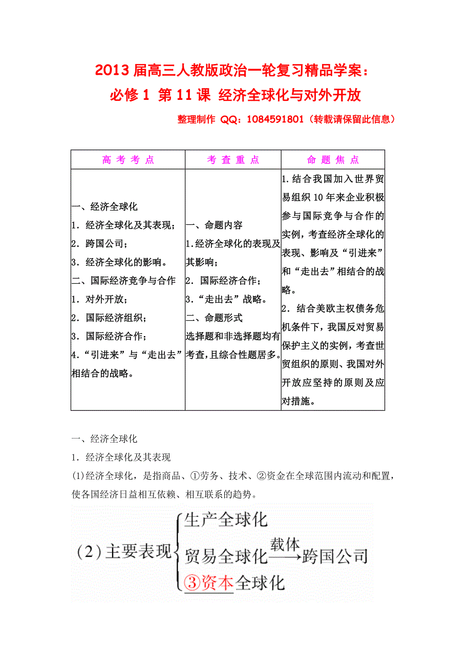 2013届高三人教版政治一轮复习精品学案：必修1 第11课 经济全球化与对外开放.doc_第1页