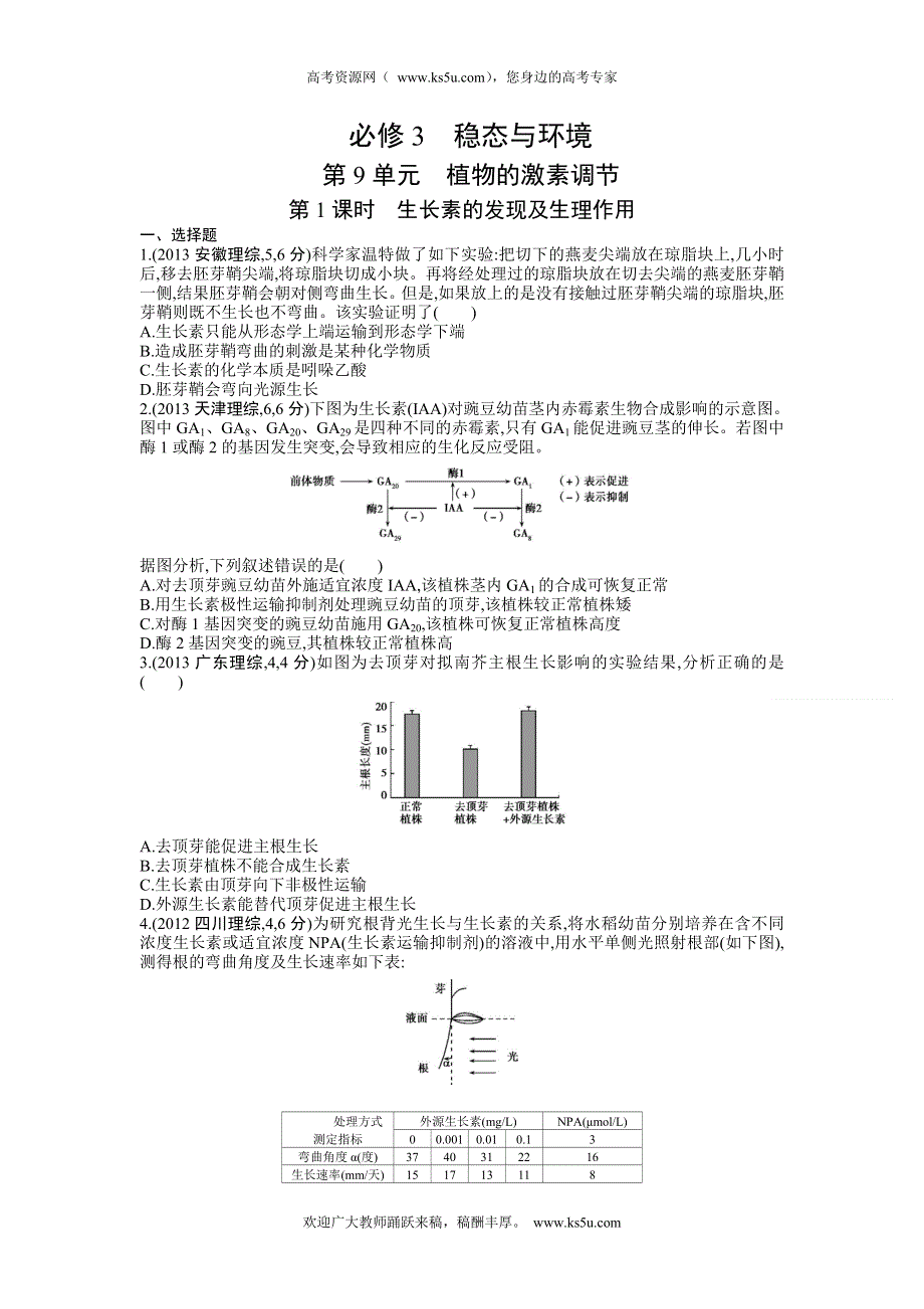 《三年高考两年模拟》2015高考生物总复习练习册：第9单元 第1课时　生长素的发现及生理作用.doc_第1页