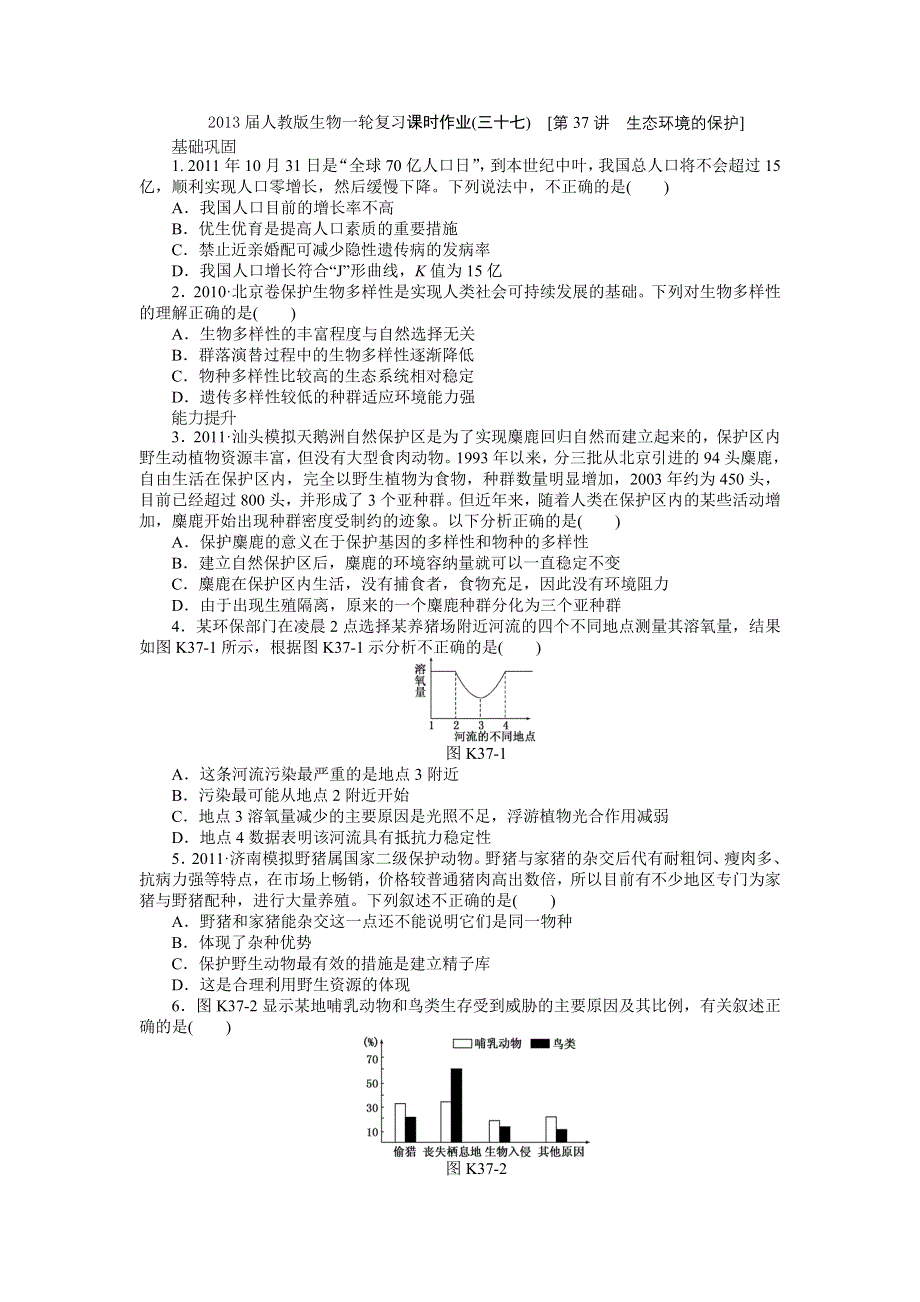 2013届高三人教版生物一轮复习课时作业（37）第37讲 生态环境的保护.doc_第1页