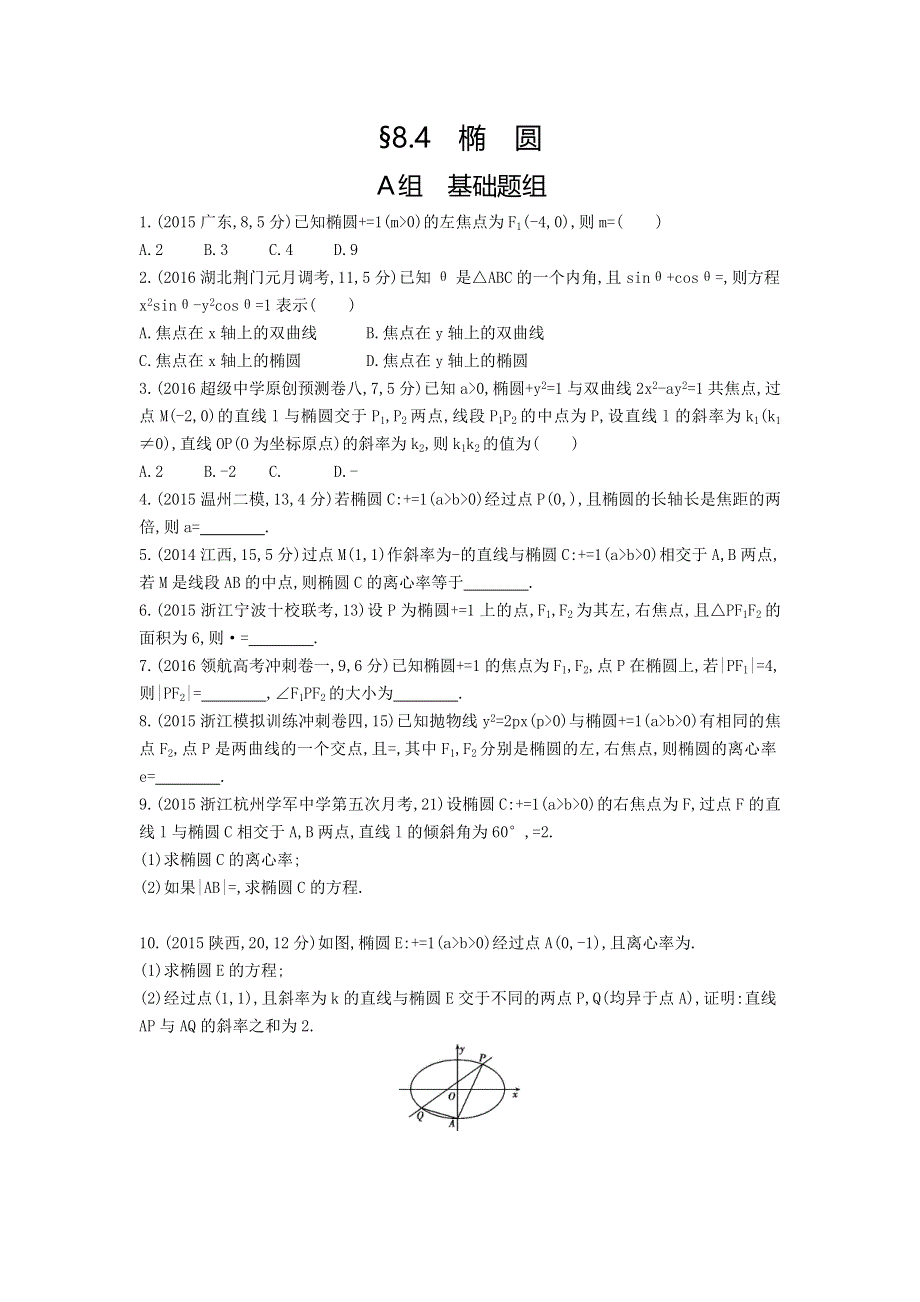 《三年高考两年模拟》2017届高三数学一轮复习（浙江版）练习：8.4　椭　圆知能训练 WORD版含答案.doc_第1页