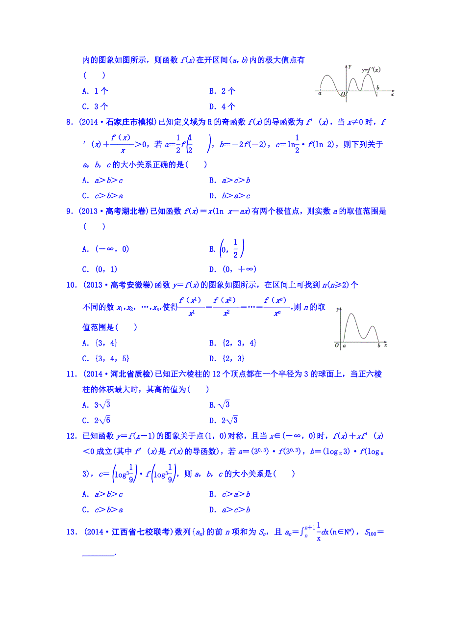 《名师总结考前题库》2014届高三数学（理）考前题型专练：导数及应用WORD版含答案.DOC_第2页