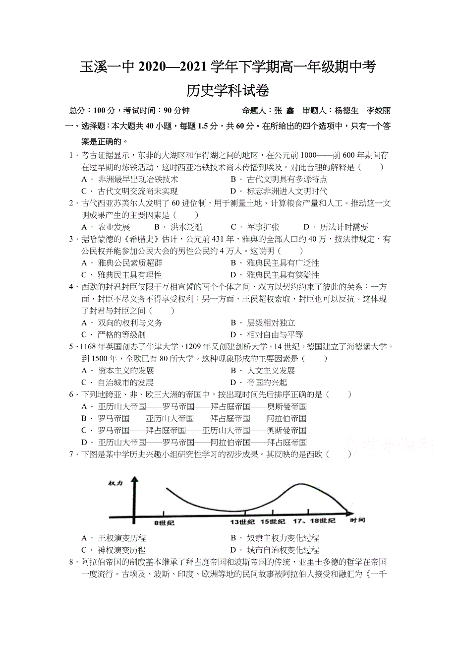 云南省玉溪市一中2020-2021学年高一下学期期中考试历史（文）试题 WORD版含答案.docx_第1页