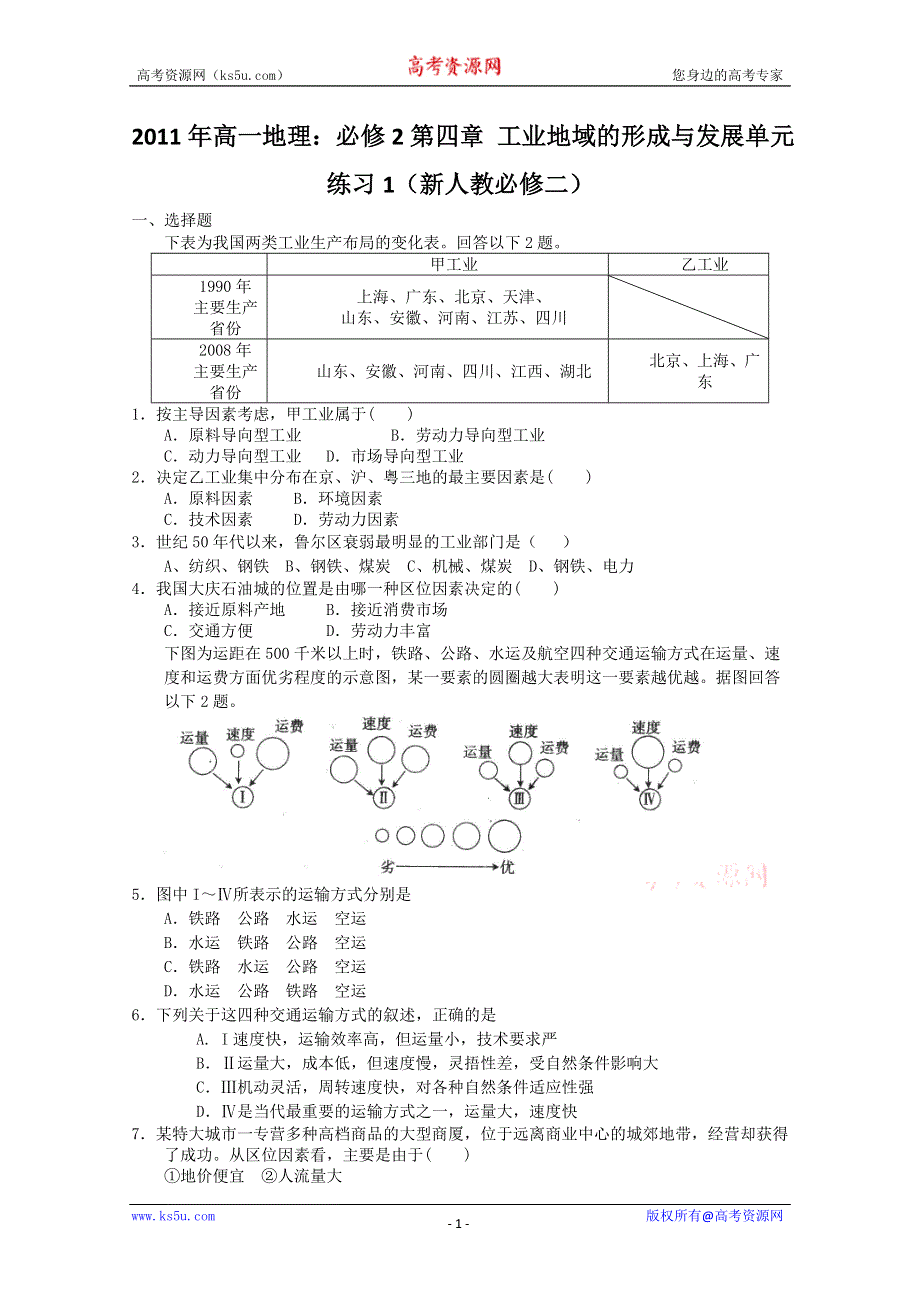 2011年高一地理：必修2第四章 工业地域的形成与发展单元练习1（新人教必修二）.doc_第1页