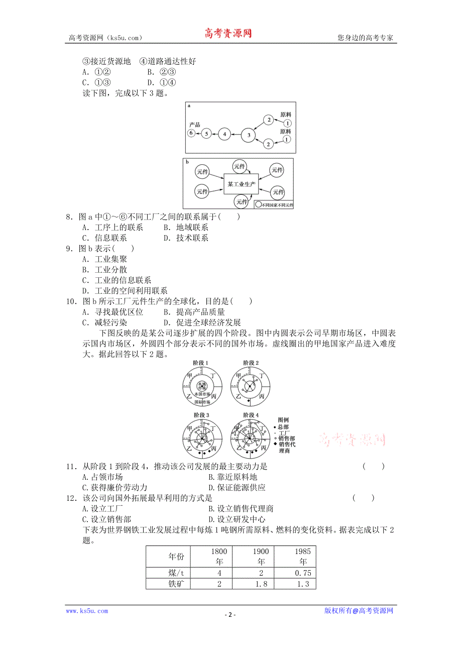 2011年高一地理：必修2第四章 工业地域的形成与发展单元练习1（新人教必修二）.doc_第2页