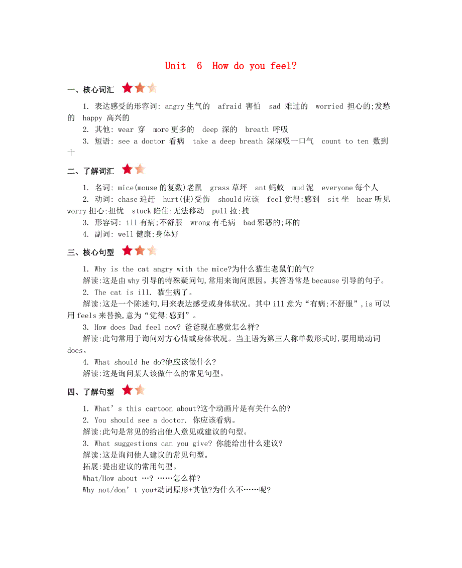 （暑期预习）2021六年级英语上册 Unit 6 How do you feel单元知识点素材 人教PEP版.docx_第1页